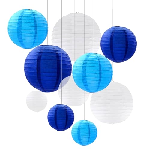 ZYOOO 10 Stück Blau Weiße Papierlaterne Lampion rund Lampenschirm (Set 3 Farben à 25cm, 20cm，15cm,10cm) Lampions Hochzeit,Deko Gartenparty,Bride to Be Deko von ZYOOO lift