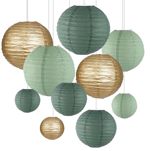ZYOOO 10 Stück Grün Gold Papierlaterne Lampion rund Lampenschirm(Set 3 Farben à 25cm, 20cm，15cm) Salbeigrün Lampions Hochzeit,Rustikale Party,Brautparty,Geburtstagsparty,Gartenparty Deko von ZYOOO lift