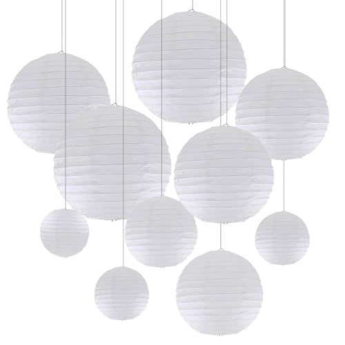 ZYOOO 10 Stück Weiße Papierlaterne Lampion rund Lampenschirm (Set 2 Farben à 25cm, 20cm，15cm,10cm) Lampions Hochzeit,Deko Gartenparty,Bride to Be Deko von ZYOOO lift