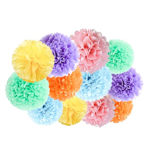 ZYOOO 12 Stück Tissue Pom Poms,25cm/30cm Seidenpapier Pompons hängende Deko für Pastell Party,Einhorn Party,Mädchen Geburtstag,Baby Brautdusche,Hochzeit,Ostern Party Deko(Bunt) von ZYOOO lift