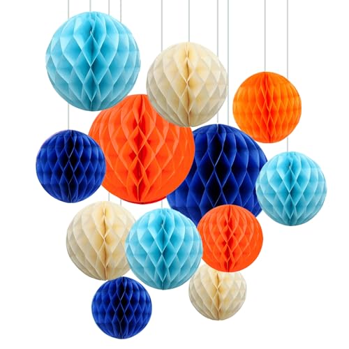 ZYOOO 12pcs Seidenpapier Wabenkugeln, 15/25cm Aufhängen Papier Wabenbälle für Geburtstagsparty, Jungengeburtstag, Abschlussfeier Deko (Blau,Orange) von ZYOOO lift
