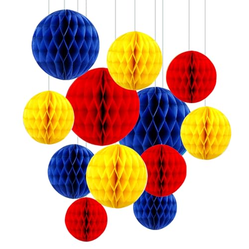 ZYOOO 12pcs Seidenpapier Wabenkugeln, 15/25cm Aufhängen Papier Wabenbälle für Party, Geburtstag, Abschlussfeier,Karneval Deko (Blau,Rot,Gelb) von ZYOOO lift