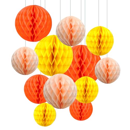 ZYOOO 12pcs Seidenpapier Wabenkugeln, 15/25cm Aufhängen Papier Wabenbälle für Party,Geburtstag,Abschlussfeier,Herbst, Thanksgiving,Halloween Deko (Orange,Gelb) von ZYOOO lift