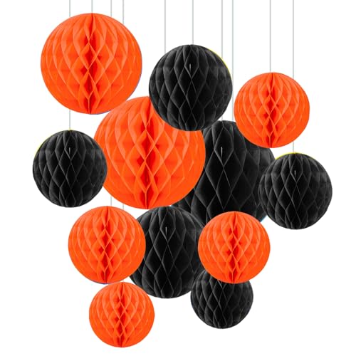 ZYOOO 12pcs Seidenpapier Wabenkugeln, 15/25cm Aufhängen Papier Wabenbälle für Party,Geburtstag,Abschlussfeier,Herbst, Thanksgiving,Halloween Deko (Orange,Schwarz) von ZYOOO lift