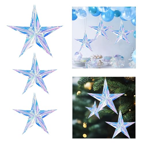 ZYOOO 3 Stück Irisierend Stern Hängend Deko,Große Bunte Folie Holografische Glitzer 3D Pentagramm Sterne für Geburtstag,Hochzeit,Frozen,Silvester,Weihnachtdeko(30cm,40cm) von ZYOOO lift