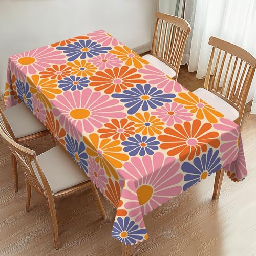 ZYPHORIEL Rechteckige Tischdecke mit Gänseblümchen-Motiv, Retro, Orange, Rosa, Blau, Tischdecke, Küche, Esszimmer, Tischdecke für rechteckige Tische, waschbare Tischdecke für Party, 137,2 x 183,9 cm von ZYPHORIEL
