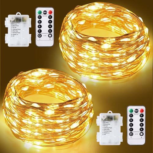 Lichterkette [2 Stück] 12 m 120 LEDs 8 Modi, Timer dimmbar mit Fernbedienung, IP65 wasserdicht, Kupferdraht, Fairy Lights Batterie, Warmweiß, für Innen / Außen, Schlafzimmer, Haus, Garten, Weihnachten von ZYRIVON