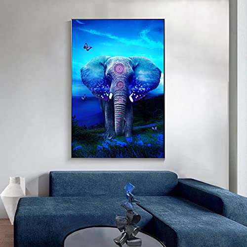 Abstrakter Blauer Elefant GrüNes Gras GemäLde Nordische Leinwand Poster Und Drucke Wandkunst FüR Wohnzimmer Wohnkultur 60 X 90 Cm (24 X 36 Zoll) Rahmenlos von ZZBYTSYD