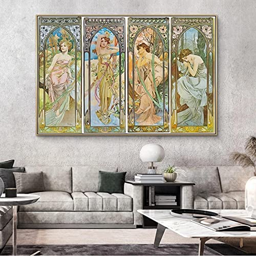 Alphonse Mucha Times of Day Vintage Poster und Drucke Kunst Leinwand Gemälde Wandkunst Bilder Wohnkultur-80x120cm Rahmenlos von ZZBYTSYD