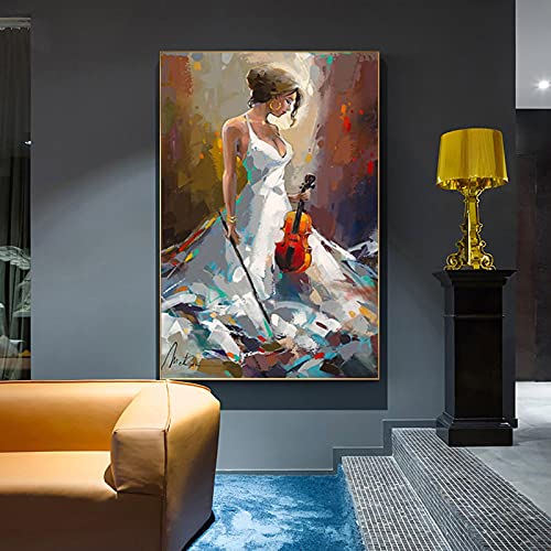 Wandkunst Poster Modernes Weißes Kleid Mädchen Ölgemälde Abstrakte Klassische Violine Bild für Wohnzimmer Dekorativ-60x90cm Rahmenlos von ZZBYTSYD