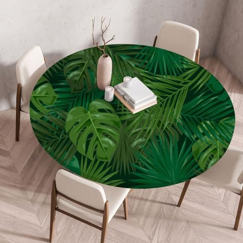 Tischdecke Rund 100 cm Dunkelgrüne Blätter Gartentischdecke Rund Elastisch Polyester Waschbar Outdoor-Tischdecken Gartentischdecke Wetterfest Restaurant Runde Tischdecke von ZZDXW