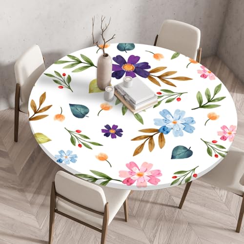 Tischdecke Rund 100 cm Lila Blumen Blätter Gartentischdecke Rund Elastisch Polyester Waschbar Outdoor-Tischdecken Gartentischdecke Wetterfest Restaurant Runde Tischdecke von ZZDXW
