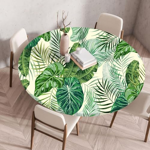 Tischdecke Rund 140 cm Beige Blätter Grün Gartentischdecke Rund Elastisch Polyester Waschbar Outdoor-Tischdecken Gartentischdecke Wetterfest Restaurant Runde Tischdecke von ZZDXW