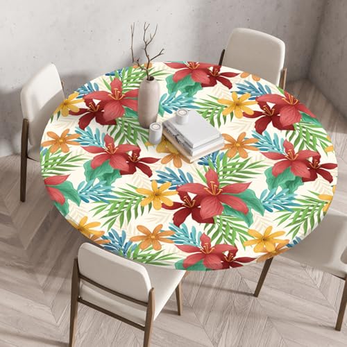 Tischdecke Rund 140 cm Rote Tropische Blumen Gartentischdecke Rund Elastisch Polyester Waschbar Outdoor-Tischdecken Gartentischdecke Wetterfest Restaurant Runde Tischdecke von ZZDXW