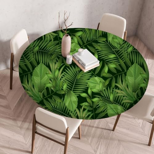 Tischdecke Rund 140 cm Tropische Blattgrün Gartentischdecke Rund Elastisch Polyester Waschbar Outdoor-Tischdecken Gartentischdecke Wetterfest Restaurant Runde Tischdecke von ZZDXW