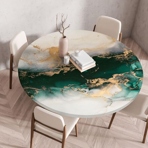 Tischdecke Rund 60 cm Marmor Gold Grün Gartentischdecke Wetterfest Elastisch Abwaschbar Runde Tischdecke Outdoor Indoor Wiederverwendbare Table Cloth für Garten Restaurant von ZZDXW