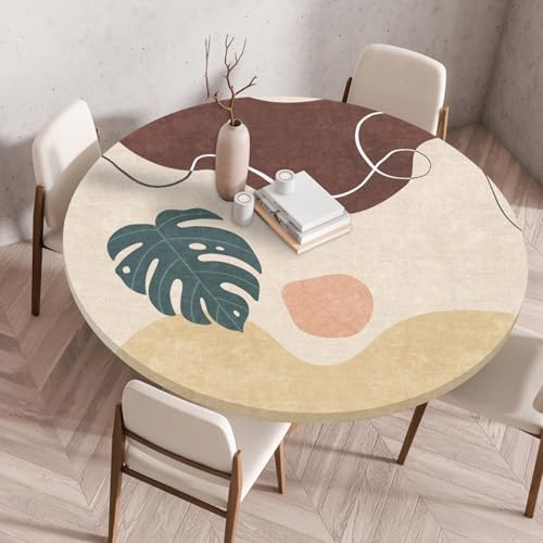 Tischdecke Rund 70 cm Blätter Grün Beige Gartentischdecke Rund Elastisch Polyester Waschbar Outdoor-Tischdecken Gartentischdecke Wetterfest Restaurant Runde Tischdecke von ZZDXW
