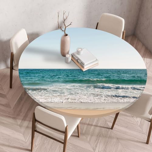 Tischdecke Rund 70 cm Grünes Beige Meer Gartentischdecke Rund Elastisch Polyester Waschbar Outdoor-Tischdecken Gartentischdecke Wetterfest Restaurant Runde Tischdecke von ZZDXW