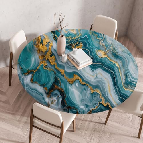 Tischdecke Rund 80 cm Blauer Goldmarmor Gartentischdecke Wetterfest Elastisch Abwaschbar Runde Tischdecke Outdoor Indoor Wiederverwendbare Table Cloth für Garten Restaurant von ZZDXW