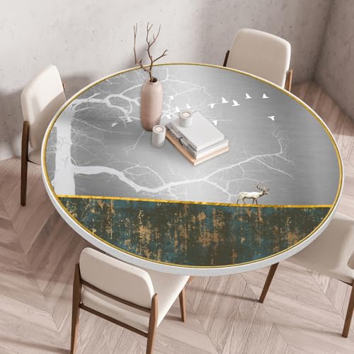 Tischdecke Rund 80 cm Grauer Baum Retro Gartentischdecke Rund Elastisch Polyester Waschbar Outdoor-Tischdecken Gartentischdecke Wetterfest Restaurant Runde Tischdecke von ZZDXW