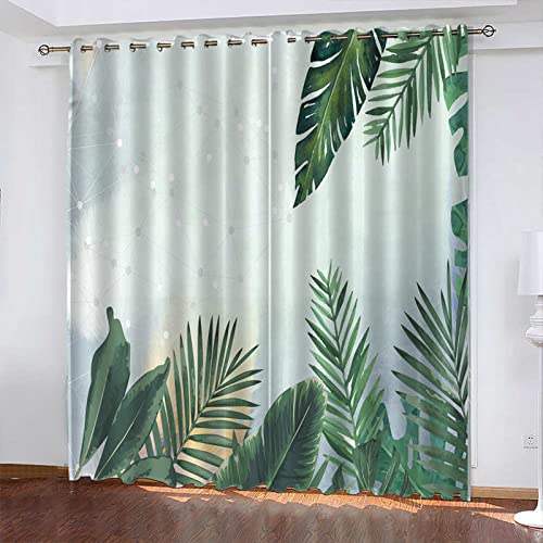 Vorhänge Hellgrüne Blätter Vorhang Polyester Verdunklungsvorhänge Scheibengardinen Gardine Thermovorhang für Wohnzimmer Schlafzimmer 2 Stücke Gardinen mit ösen Gardinen(2x91.5x214cm) von ZZDXW