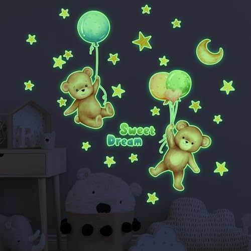Wandtattoo Kinderzimmer Ballon Bär Mond Leuchtsterne Kinderzimmer Wanddeko Wandsticker Leuchtsterne Selbstklebend Glow in the Dark Wandtattoo Kinderzimmer Mädchen Junge von ZZDXW