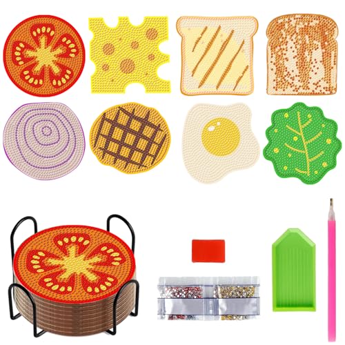 Diamond Painting Untersetzer Frühstücksserie,8 Stück 5D Diamond Painting DIY Set,Diamond Painting Coasters Kits with Holder rutschfest hitzebeständig Untersetzer von ZZHBSR
