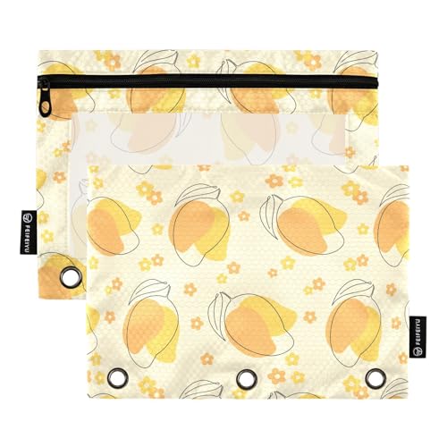 Federmäppchen mit 3 Ringen, Mango-Fruchtblumen, Federmäppchen mit drei Löchern, Federmäppchen mit transparentem Fenster und Reißverschluss, für Büro, Schule, Uni, 2 Stück von ZZKKO