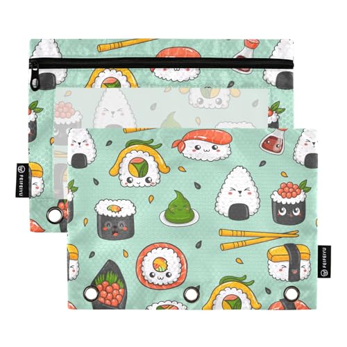 Kawaii Sushi-Federmäppchen für 3-Ringbuch, Drei-Loch-Federmäppchen für Ordner, Großpackung mit transparentem Fenster und Reißverschluss, für Büro, Schule, Uni, 2 Stück von ZZKKO