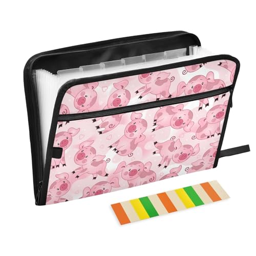 Niedliche rosa kleine Schweinchen-Aktenordner, Kunststoffordner mit 13 Taschen, erweiterbarer Aktenordner für Dokumente, Schule, Studenten, Büro, ästhetischer Ordner mit Etiketten, A4, Briefgröße von ZZKKO