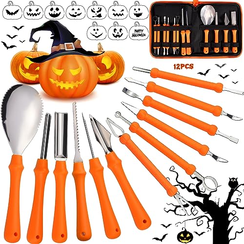 ZZQVIP Halloween Kürbis Schnitzset 12-teilig – Profi Kürbis Schnitzwerkzeug aus Edelstahl mit Aufbewahrungstasche & 10 Schablonen, Kürbis Schnitzen Werkzeug für Kinder & Erwachsene, Kürbisdeko DIY von ZZQVIP
