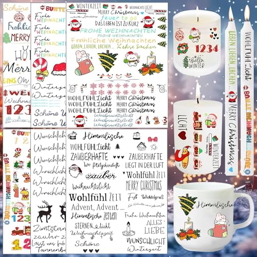 6 Stück Kerzentattoos Weihnachten Weihnachten Kerzen Sticker Wasserschiebefolie Kerzen Tattoo Weihnachten Kerzenfolie für Stabkerzen Kleine Kerzen Tasse DIY Geschenk Stil von ZZRSYJ