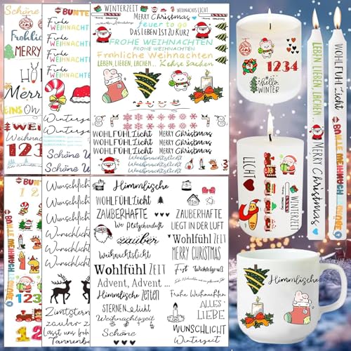 ZZRSYJ 6 Stück Kerzentattoos Weihnachten Weihnachten Kerzen Sticker Wasserschiebefolie Kerzen Tattoo Weihnachten Kerzenfolie für Stabkerzen Kleine Kerzen Tasse DIY Geschenk Stil von ZZRSYJ