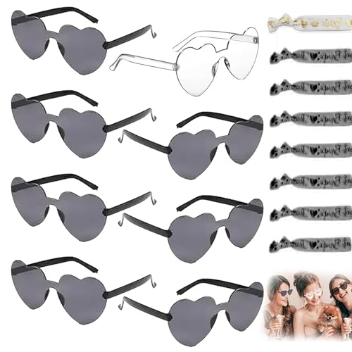 Jga Brille Team Braut Armbänder,16 Stück Bride to Be Herz Brille Set, Herz Sonnenbrille Partybrille Set,JGA Partybrillen Set,Jga Foto Accessoires 1 Braut 7 Team Braut Brille & Armband (Schwarz) von ZZRSYJ