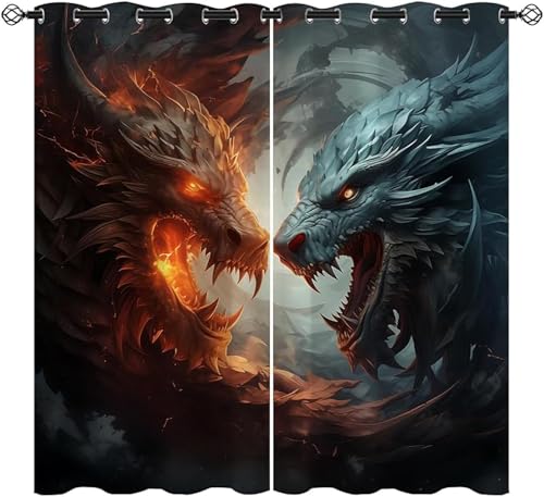 ZZTBQ Dragons Kinderzimmer Gardinen mit Ösen Dragon Verdunkelungsvorhang Drach, 3D Drache, Drachen 140x160cm Für Jungen Mädchen Kinder Schlafzimmer von ZZTBQ