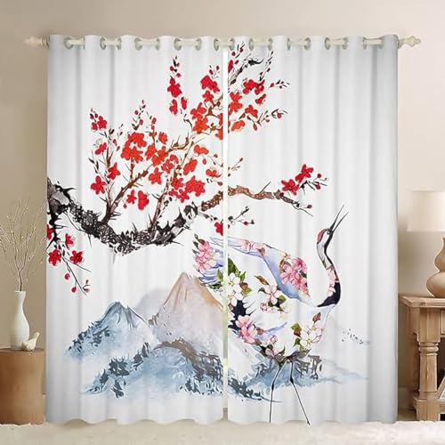 ZZTBQ Japanischen Stil Kirschblüten weißer Kranich Verdunkelungsvorhänge Mit Ösen japanischen Stil Exotisch Fuji Mountain Verdunkelungsvorhang Mit Blickdichten Farben 234x230cm von ZZTBQ