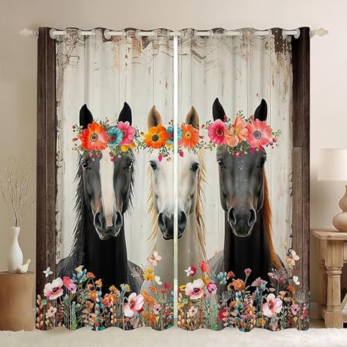 ZZTBQ Pferd Pferde Blume Kinder Blickdichte Vorhänge 3D Tier Pferde Motiv 2 Stück Kinderzimmervorhänge Mit Ösen 100x140cm Für Jungen Mädchen Kinder Schlafzimmer von ZZTBQ
