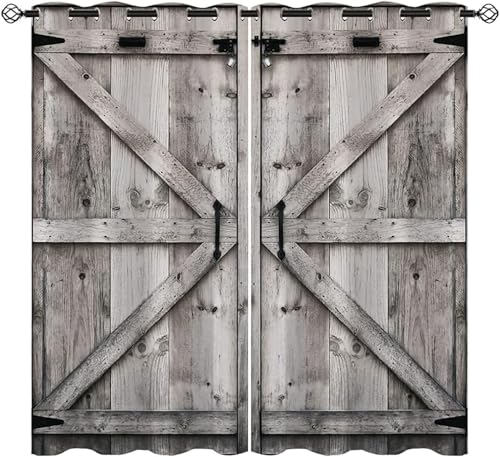 ZZTBQ Scheunentor Verdunkelungsvorhang Mit Ösen, HolztüR Blickdichte Vorhänge Scheunentor Grau 220x215cm Für Jungen Mädchen Kinder Schlafzimmer von ZZTBQ