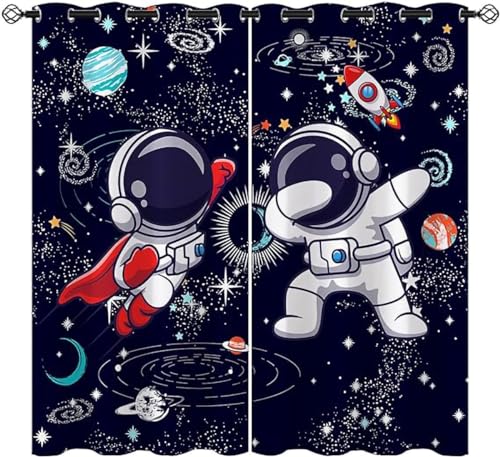 ZZTBQ Weltraum, Astronaut & Raketen Kinder Blickdichte Vorhänge Universum Planet Rakete Blau 2 Stück Kinderzimmervorhänge Mit Ösen 100x140cm Für Jungen Mädchen Kinder Schlafzimmer von ZZTBQ