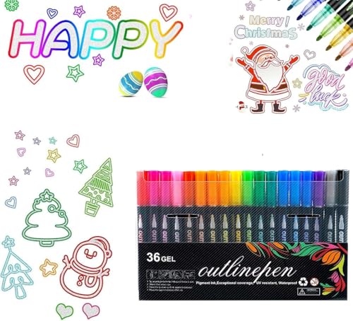 Double Line Outline Markers, Super Squiggles Glitter Marker, Self Outline Metallic Markers, Shimmer Markers Doodle Drawing Pens for Christmas Greeting Card, Writing, DIY Art Crafts (36 Color Set) von ZZYILI