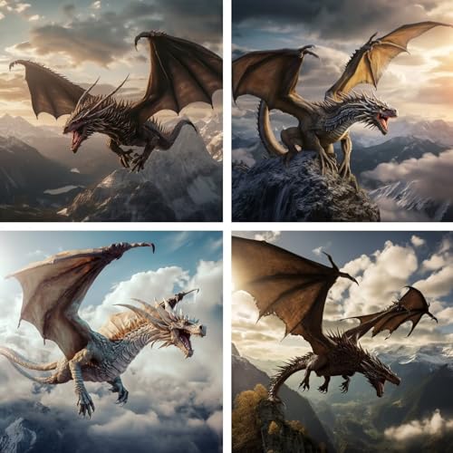 4 Stück Diamond Painting groß Bilder Landschaft, 5D Drachen Diamant Painting Bilder, Full Runden Drill Diamond Painting Basteln Erwachsene Stickerei Malerei Set, für Deko Wohnzimmer Wand 90x90cm Z1335 von Zaafeen