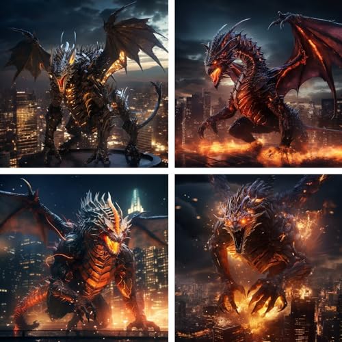 Diamond Painting Drachen set, 4 Pack Diamond Painting Erwachsene 5D Full Drill Eckige Klein Diamant Painting Bilder Feuer, DIY Diamanten Painting Malen Nach Zahlen, für Zimmer Wanddekor 40x40cm ZF2096 von Zaafeen