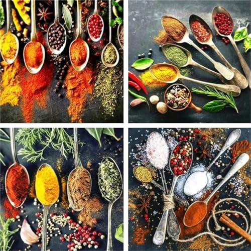 Diamond Painting Küche set, 4 Pack Diamond Painting Erwachsene 5D Full Drill Eckige Klein Diamant Painting Bilder Löffel, DIY Diamanten Painting Malen Nach Zahlen, für Zimmer Wanddekor 15x15cm ZF-696 von Zaafeen