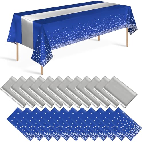 Blaue und silberne Tischdecke und Tischläufer, Party-Dekorationen, blaue und silberne Einweg-Tischdecke aus Kunststoff und Satin-Tischläufer für Hochzeit, Geburtstag, Brautabschluss, Jahrestag, Party, Blaue und silberne Tischdecke und Tischläufer, Party-Dekorationen, blaue und silberne Einweg-Tischdecke aus Kunststoff und Satin-Tischläufer für Hochzeit, Geburtstag, Brautabschluss, Jahrestag, Party, von Zachely