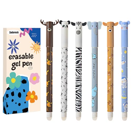 Radierbarer Kugelschreiber 6er Set, 0.5mm löschbar mit Tier-Design (Elefant, Panda, Rentier, Affe, Zebra) – Für Schule/Büro, Geschenk für Studenten | Erasable Pen Set, Schulbedarf von Zadoreck