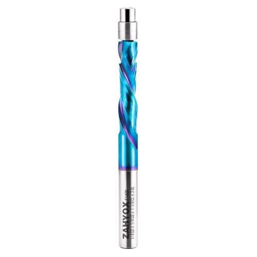 ZahyoX Downcut Bündigfräser-Bit, NACO-beschichteter Spiral-Bündigfräser mit Doppellager, 6,35 mm Schnittdurchmesser, 0,64 cm Schaft, 3,8 cm Schnittlänge, 7,6 cm Gesamtlänge ZahyoX Downcut Bündigfräser-Bit, NACO-beschichteter Spiral-Bündigfräser mit Doppellager, 6,35 mm Schnittdurchmesser, 0,64 cm Schaft, 3,8 cm Schnittlänge, 7,6 cm Gesamtlänge von Zahyox
