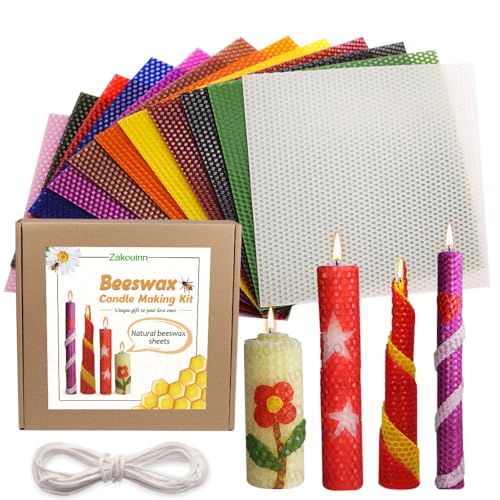 Zakouinn Bienenwachs-Kerzenherstellungsset für Kinder - 12 leuchtende Farben, Bienenwachsblätter zur Kerzenherstellung, Bienenwachskerzen-DIY-Kit für Erwachsene (klassisch) von Zakouinn