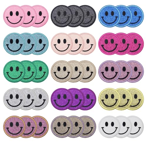 Zakrafo 45 Stück Smiley-Flicken zum Aufbügeln, Pailletten, rund, Chenille, niedliches Lächeln, zum Aufbügeln für eine Vielzahl von Stoffkleidung, DIY-Projekten von Zakrafo