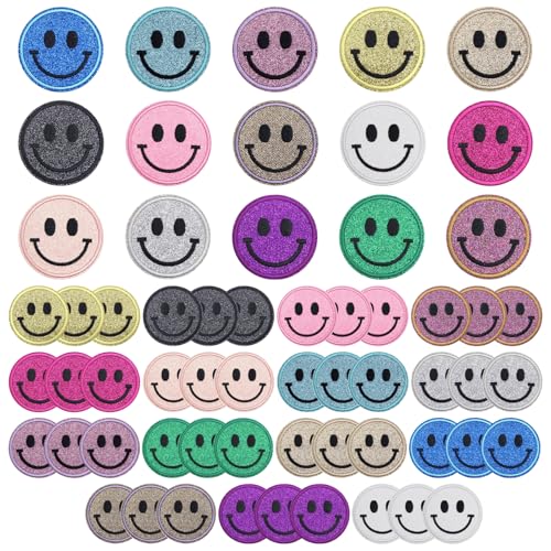 Zakrafo Smiley-Aufnäher zum Aufbügeln, rund, Chenille, niedliches Smiley-Gesicht, für verschiedene Stoffe, Kleidung, DIY-Projekte, 60 Stück von Zakrafo
