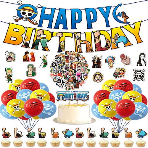 Zaky Anime One Piece Geburtstag Dekoration Theme Happy Birthday Party Dekoration Liefert Banner Ballon Cupcake Toppers Aufkleber Set 89 Stück von Zaky